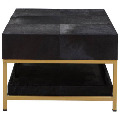 Black Hair-On-Hide Leather Coffee Table With Gold Metal Frame & Storage Drawer, Kensington Townhouse
