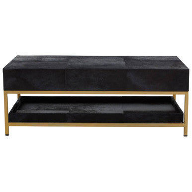 Black Hair-On-Hide Leather Coffee Table With Gold Metal Frame & Storage Drawer, Kensington Townhouse
