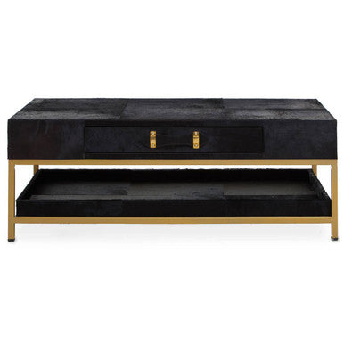 Black Hair-On-Hide Leather Coffee Table With Gold Metal Frame & Storage Drawer, Kensington Townhouse