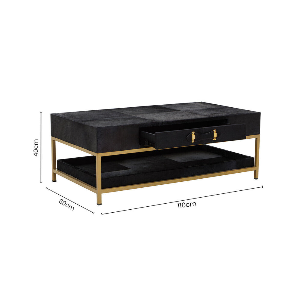 Black Hair-On-Hide Leather Coffee Table With Gold Metal Frame & Storage Drawer, Kensington Townhouse