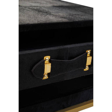Black Hair-On-Hide Leather Coffee Table With Gold Metal Frame & Storage Drawer, Kensington Townhouse