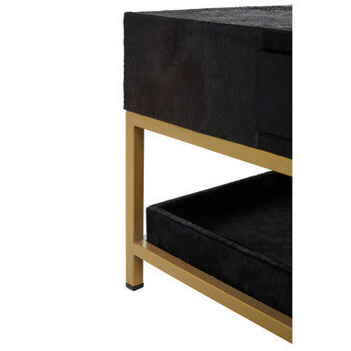Black Hair-On-Hide Leather Coffee Table With Gold Metal Frame & Storage Drawer, Kensington Townhouse