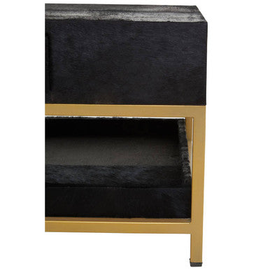 Black Hair-On-Hide Leather Coffee Table With Gold Metal Frame & Storage Drawer, Kensington Townhouse