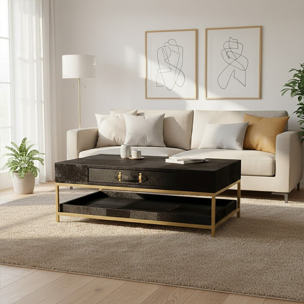 Black Hair-On-Hide Leather Coffee Table With Gold Metal Frame & Storage Drawer, Kensington Townhouse
