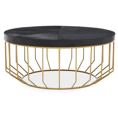 Black Hair-On-Hide Leather Round Top Coffee Table With Geometric Gold Metal Frame, Kensington Townhouse