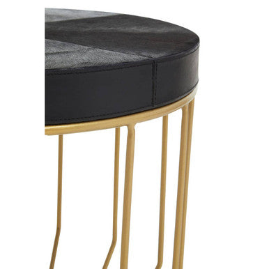 Black Hair-On-Hide Leather Round Top Side Table With Geometric Gold Metal Frame, Kensington Townhouse