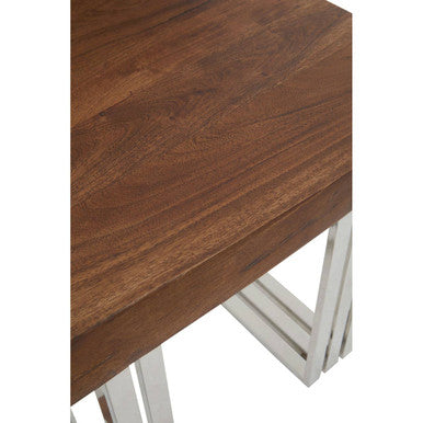 Natural Wooden Top Small Console Table With Silver Looped Stainless Steel Base, Hampstead