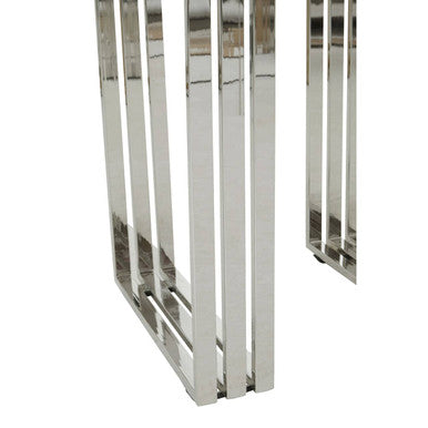 Natural Wooden Top Small Console Table With Silver Looped Stainless Steel Base, Hampstead