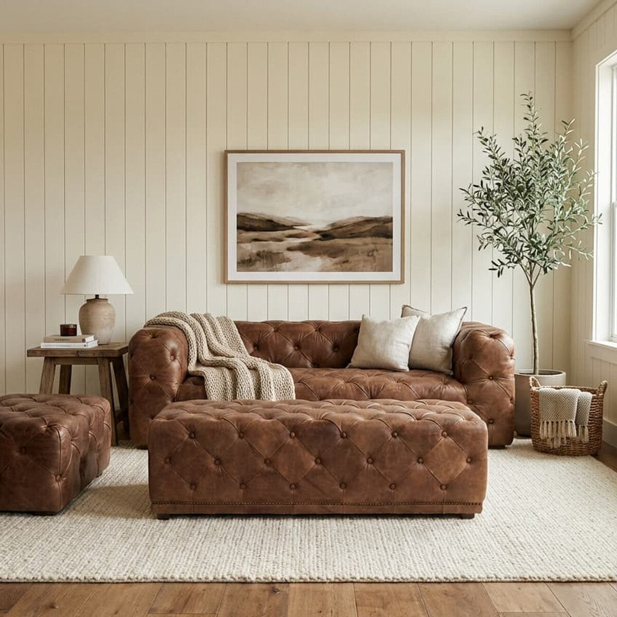 Brown Leather Rectangle Chesterfield Ottoman, Hoxton