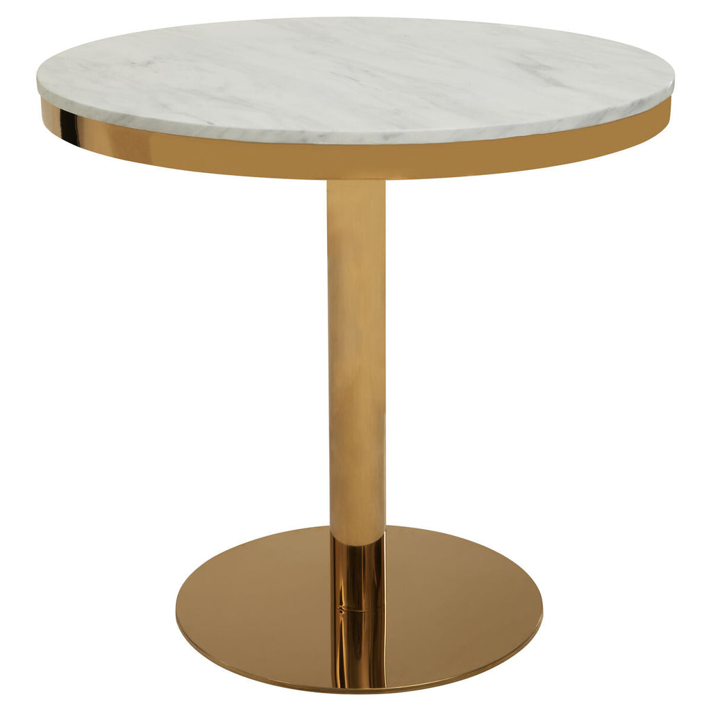 White Marble Round Top Dining Table With Luxe Gold Pedestal Base, Azalea