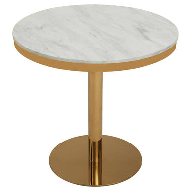 White Marble Round Top Dining Table With Luxe Gold Pedestal Base, Azalea