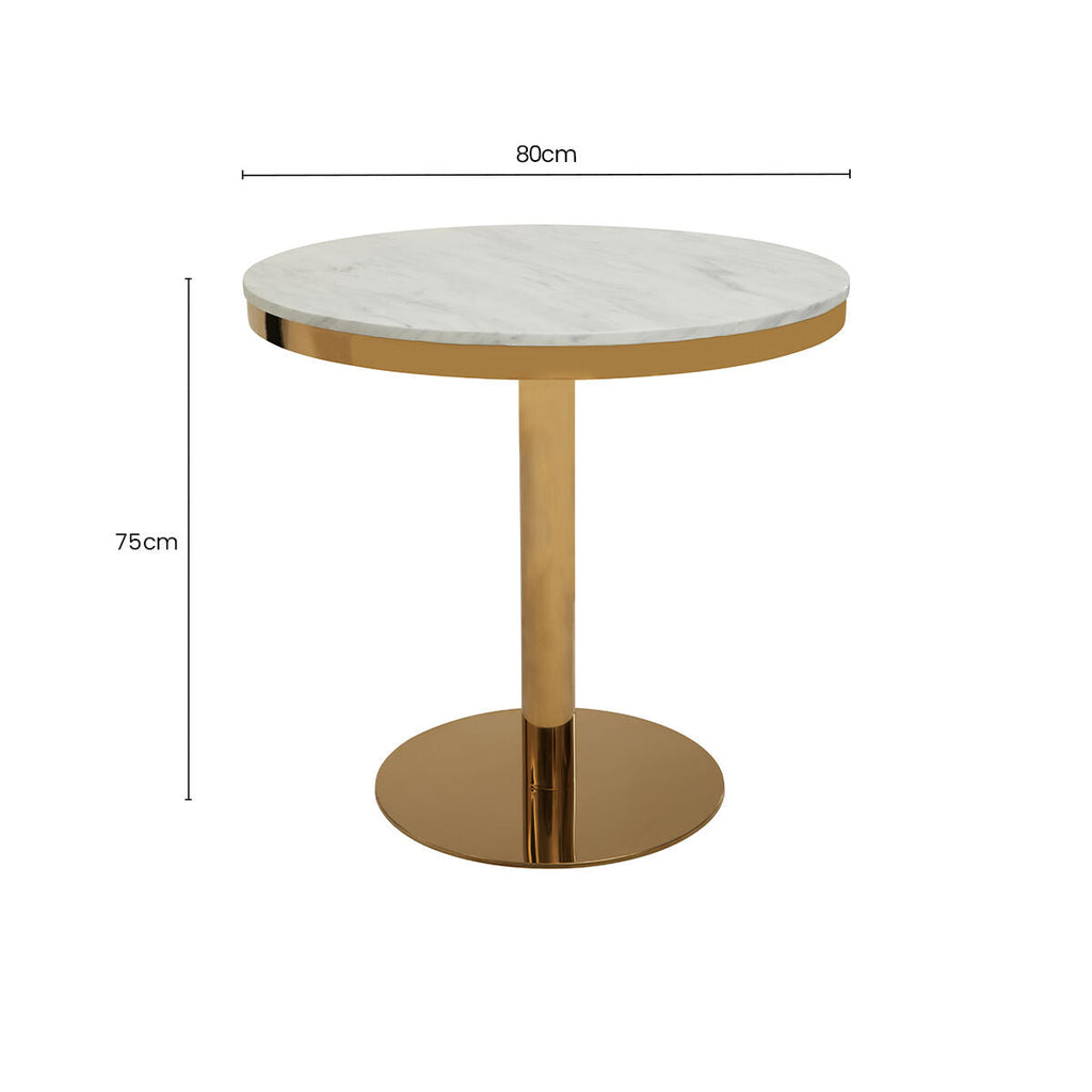 White Marble Round Top Dining Table With Luxe Gold Pedestal Base, Azalea