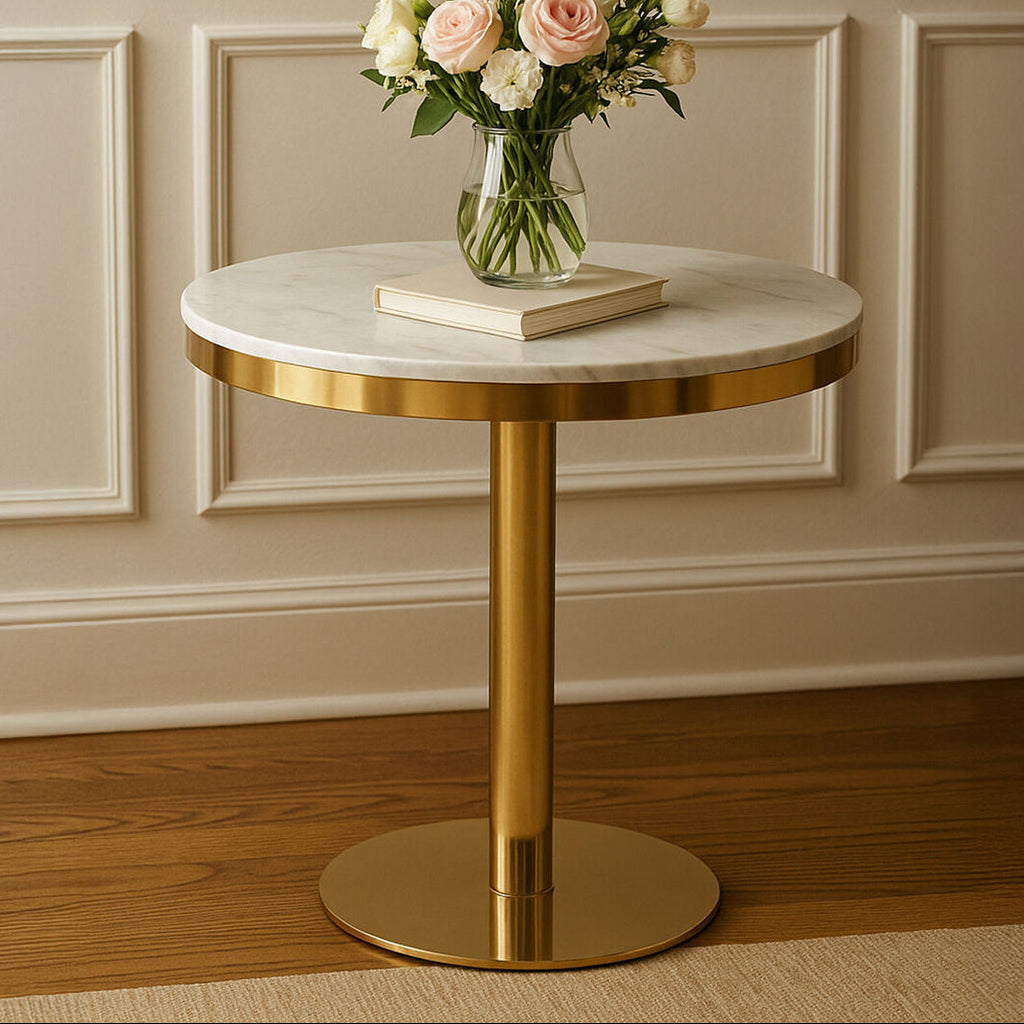 White Marble Round Top Dining Table With Luxe Gold Pedestal Base, Azalea