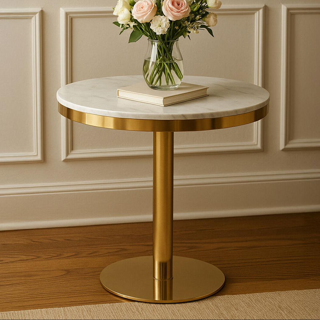 White Marble Round Top Dining Table With Luxe Gold Pedestal Base, Azalea