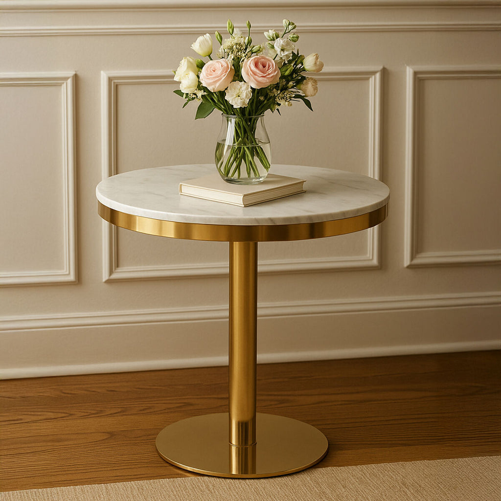 White Marble Round Top Dining Table With Luxe Gold Pedestal Base, Azalea