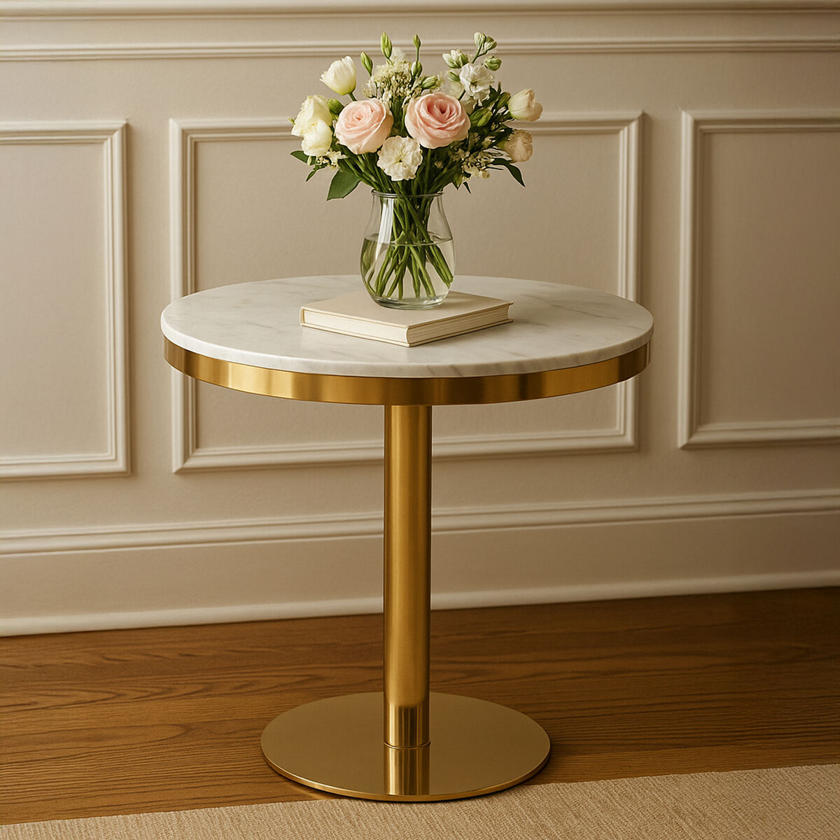 White Marble Round Top Dining Table With Luxe Gold Pedestal Base, Azalea