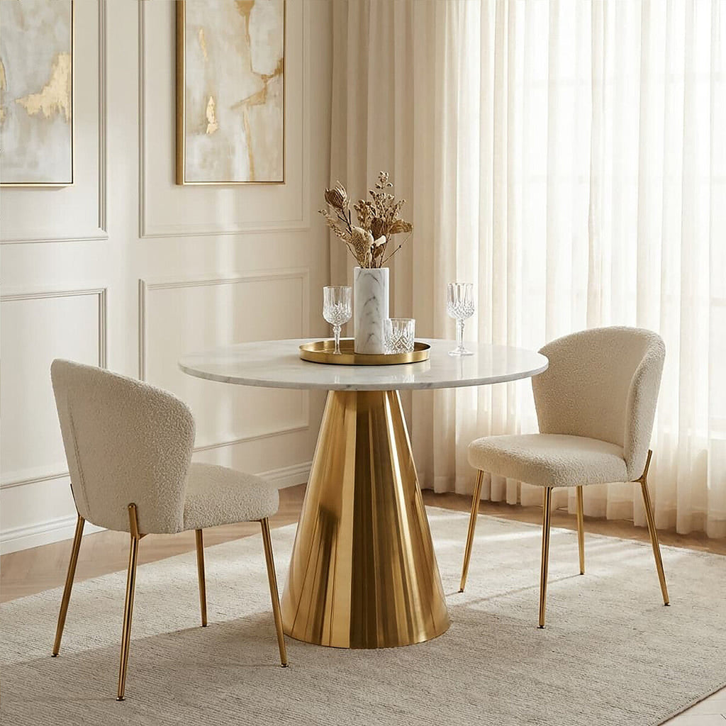 White Marble Top Round Dining Table With Gold Conical Base, Azalea