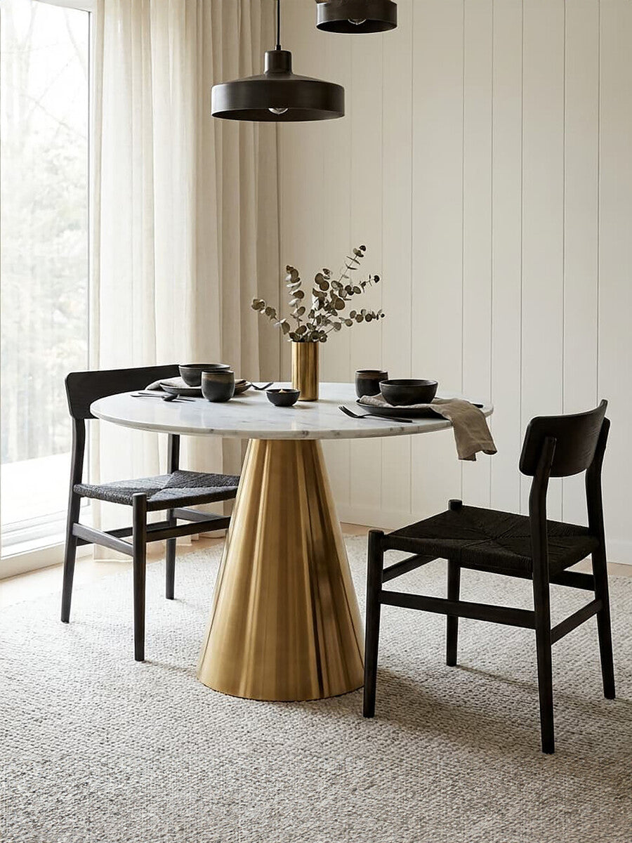White Marble Top Round Dining Table With Gold Conical Base, Azalea