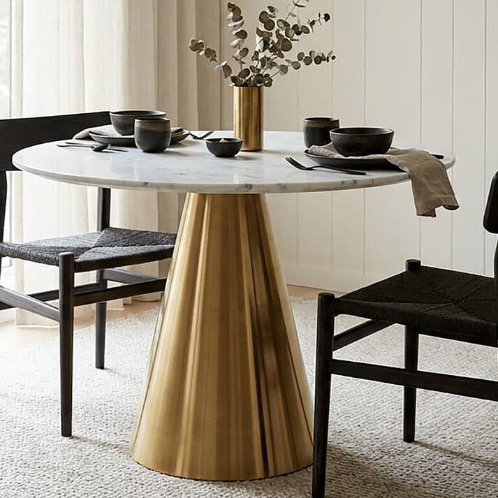 White Marble Top Round Dining Table With Gold Conical Base, Azalea