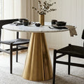 White Marble Top Round Dining Table With Gold Conical Base, Azalea