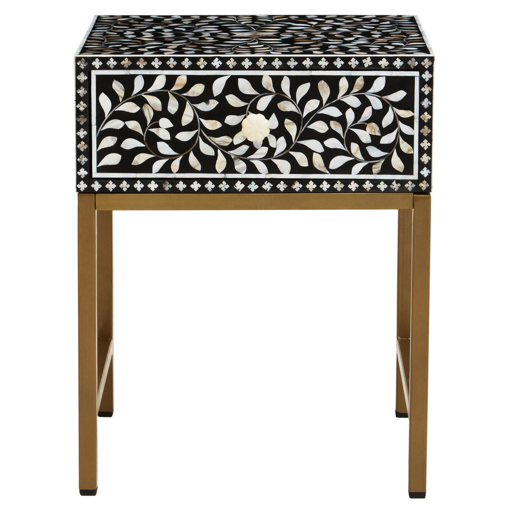 Black Wood Inlay 1-Drawer Side Table With Floral Handle & Gold Metal Base, Fusion