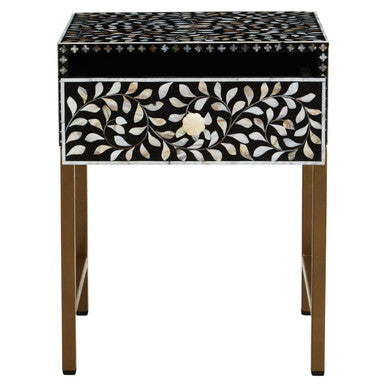 Black Wood Inlay 1-Drawer Side Table With Floral Handle & Gold Metal Base, Fusion