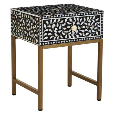 Black Wood Inlay 1-Drawer Side Table With Floral Handle & Gold Metal Base, Fusion