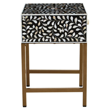 Black Wood Inlay 1-Drawer Side Table With Floral Handle & Gold Metal Base, Fusion