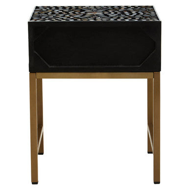 Black Wood Inlay 1-Drawer Side Table With Floral Handle & Gold Metal Base, Fusion