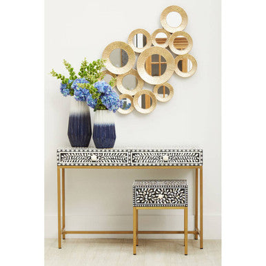 Black Wood Inlay 1-Drawer Side Table With Floral Handle & Gold Metal Base, Fusion