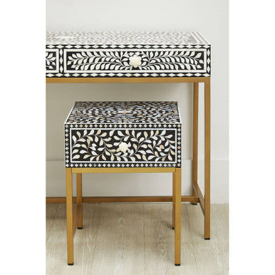 Black Wood Inlay 1-Drawer Side Table With Floral Handle & Gold Metal Base, Fusion