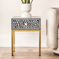 Black Wood Inlay 1-Drawer Side Table With Floral Handle & Gold Metal Base, Fusion