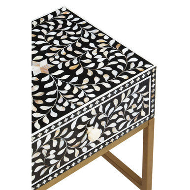 Black Wood Inlay 1-Drawer Side Table With Floral Handle & Gold Metal Base, Fusion