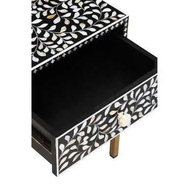 Black Wood Inlay 1-Drawer Side Table With Floral Handle & Gold Metal Base, Fusion