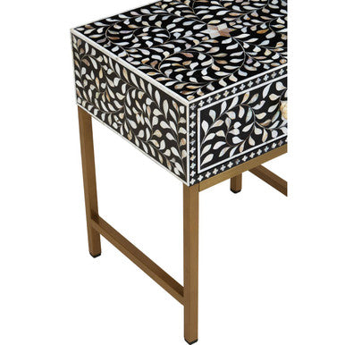 Black Wood Inlay 1-Drawer Side Table With Floral Handle & Gold Metal Base, Fusion