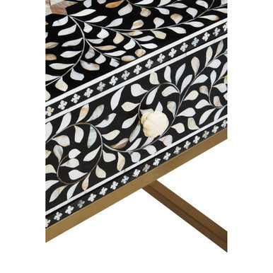 Black Wood Inlay 1-Drawer Side Table With Floral Handle & Gold Metal Base, Fusion