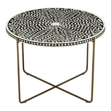 Black Round Wood Coffee Table With White Bone Inlay Top & Gold Metal Cross Base, Fusion