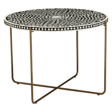 Black Round Wood Coffee Table With White Bone Inlay Top & Gold Metal Cross Base, Fusion