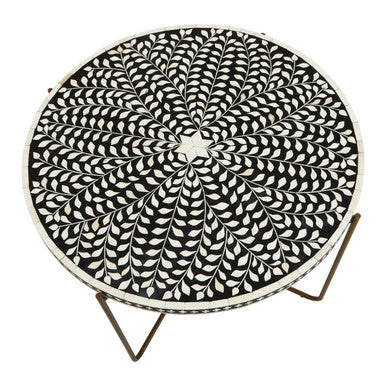 Black Round Wood Coffee Table With White Bone Inlay Top & Gold Metal Cross Base, Fusion