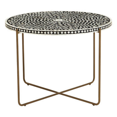 Black Round Wood Coffee Table With White Bone Inlay Top & Gold Metal Cross Base, Fusion