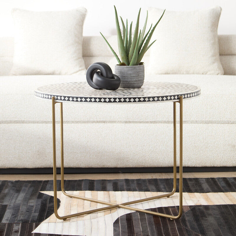 Black Round Wood Coffee Table With White Bone Inlay Top & Gold Metal Cross Base, Fusion