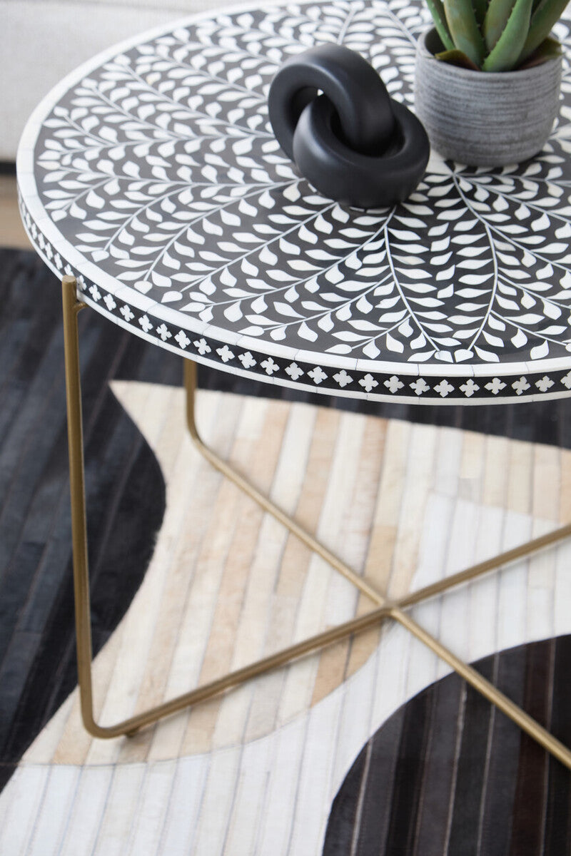 Black Round Wood Coffee Table With White Bone Inlay Top & Gold Metal Cross Base, Fusion