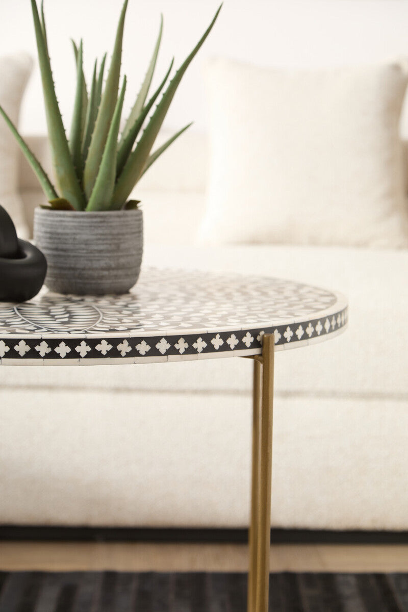 Black Round Wood Coffee Table With White Bone Inlay Top & Gold Metal Cross Base, Fusion