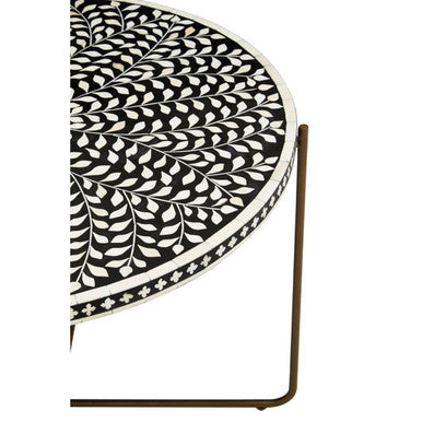 Black Round Wood Coffee Table With White Bone Inlay Top & Gold Metal Cross Base, Fusion