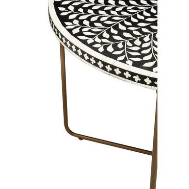 Black Round Wood Coffee Table With White Bone Inlay Top & Gold Metal Cross Base, Fusion