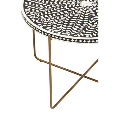 Black Round Wood Coffee Table With White Bone Inlay Top & Gold Metal Cross Base, Fusion