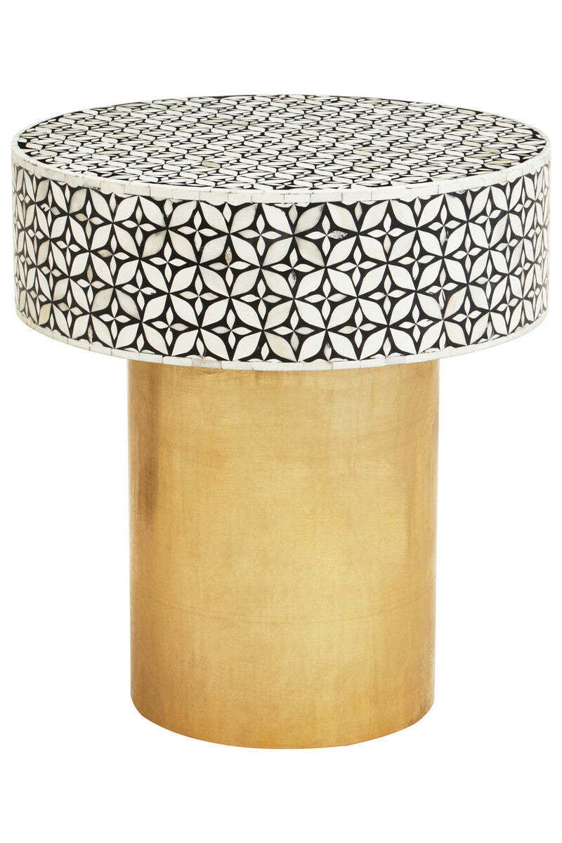 Black Wood Round Side Table With White Bone Inlay Floral Design & Gold Metal Base, Fusion