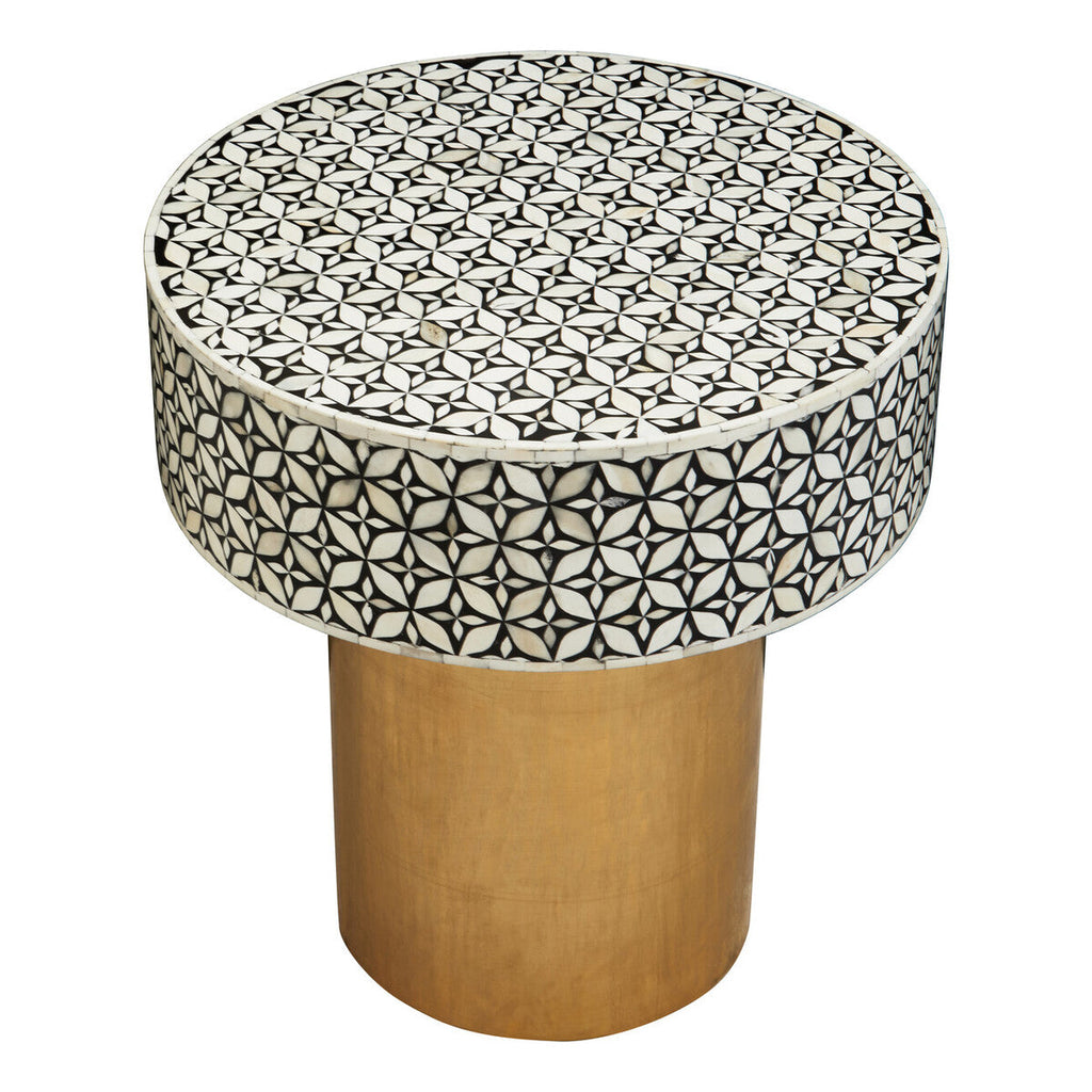 Black Wood Round Side Table With White Bone Inlay Floral Design & Gold Metal Base, Fusion