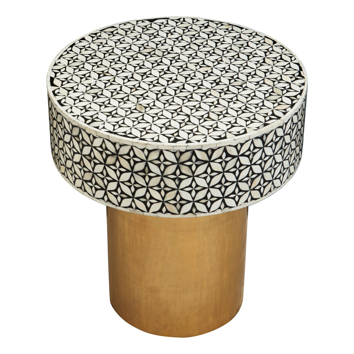 Black Wood Round Side Table With White Bone Inlay Floral Design & Gold Metal Base, Fusion
