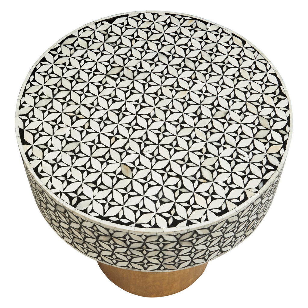 Black Wood Round Side Table With White Bone Inlay Floral Design & Gold Metal Base, Fusion